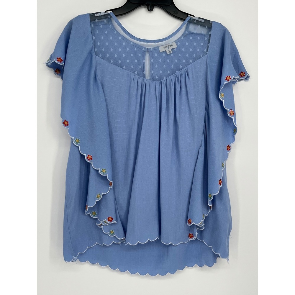 Umgee USA BEmbroidered Scalloped Flutter Sleeve Mesh Yoke Blouse Women S Blue